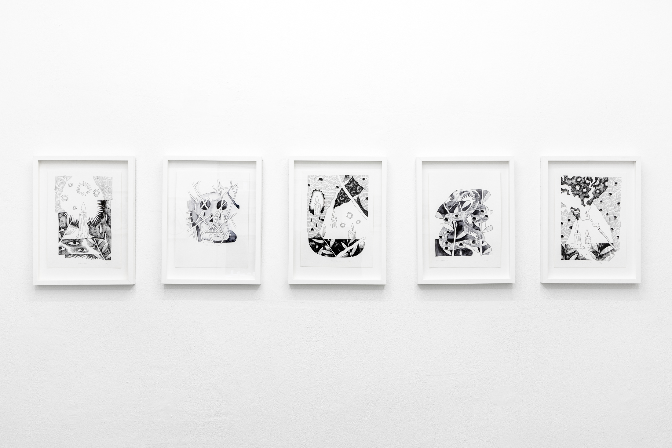 Five framed ink drawings on watercolor paper displayed in a row at HVW8 Berlin group exhibition, 2023